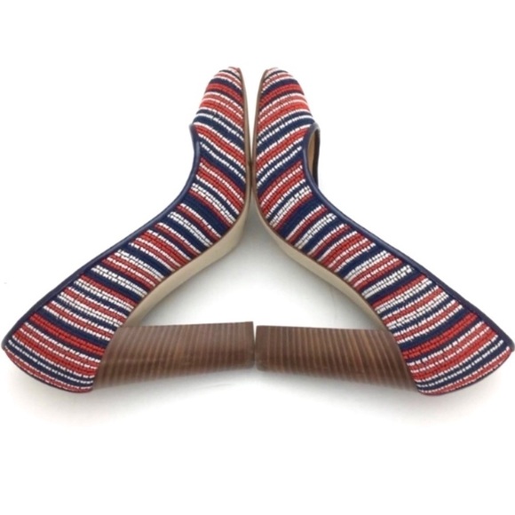 J.CREW Etta Tweed Woven Stripe Round Toe Block Heel Pumps in Blue with Red - Picture 6 of 9